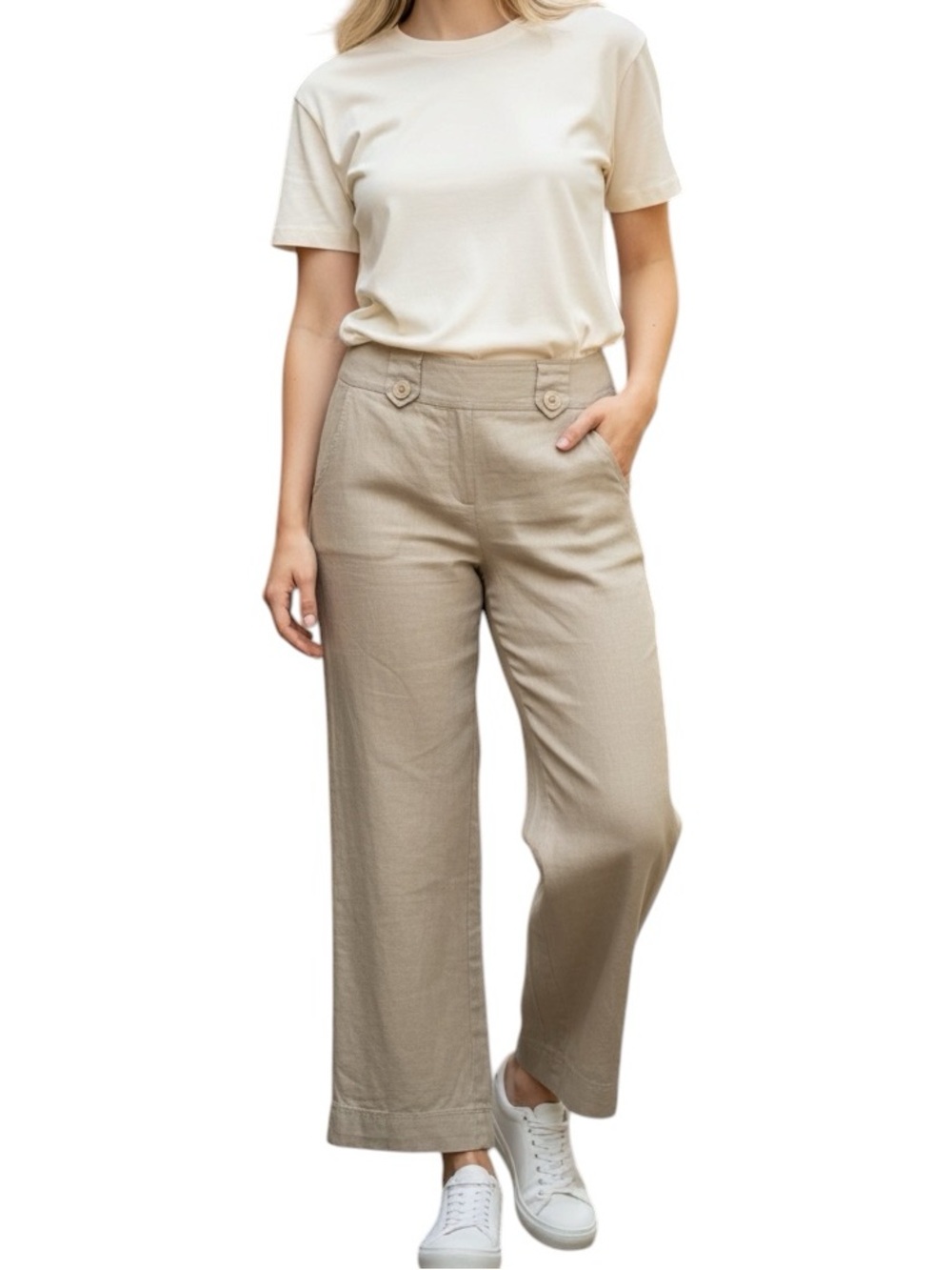 Topstudio Wide-Leg Linen Blend Pants Trousers Oatmeal Beige High Waist Size L